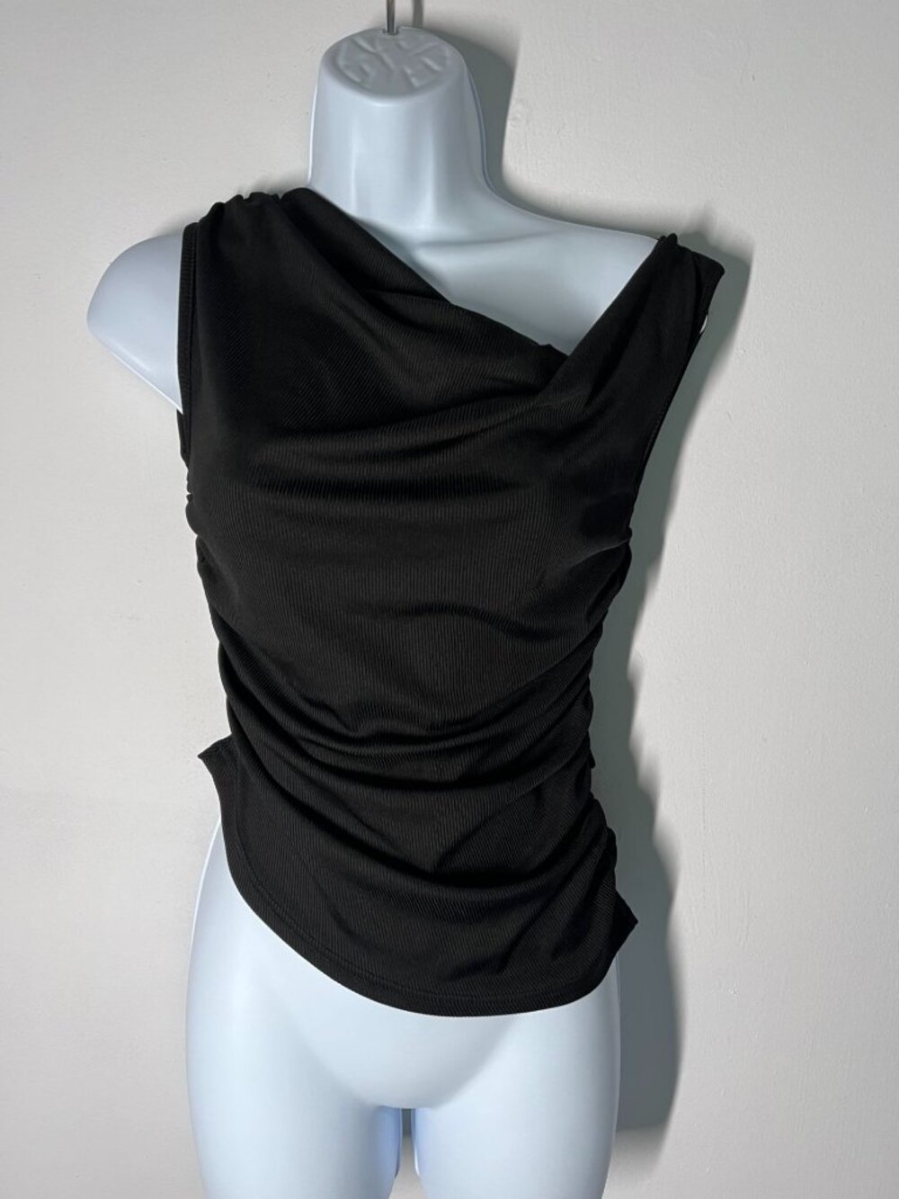 Cider Black One Shoulder Ruched Ribbed Sleeveless Top S
